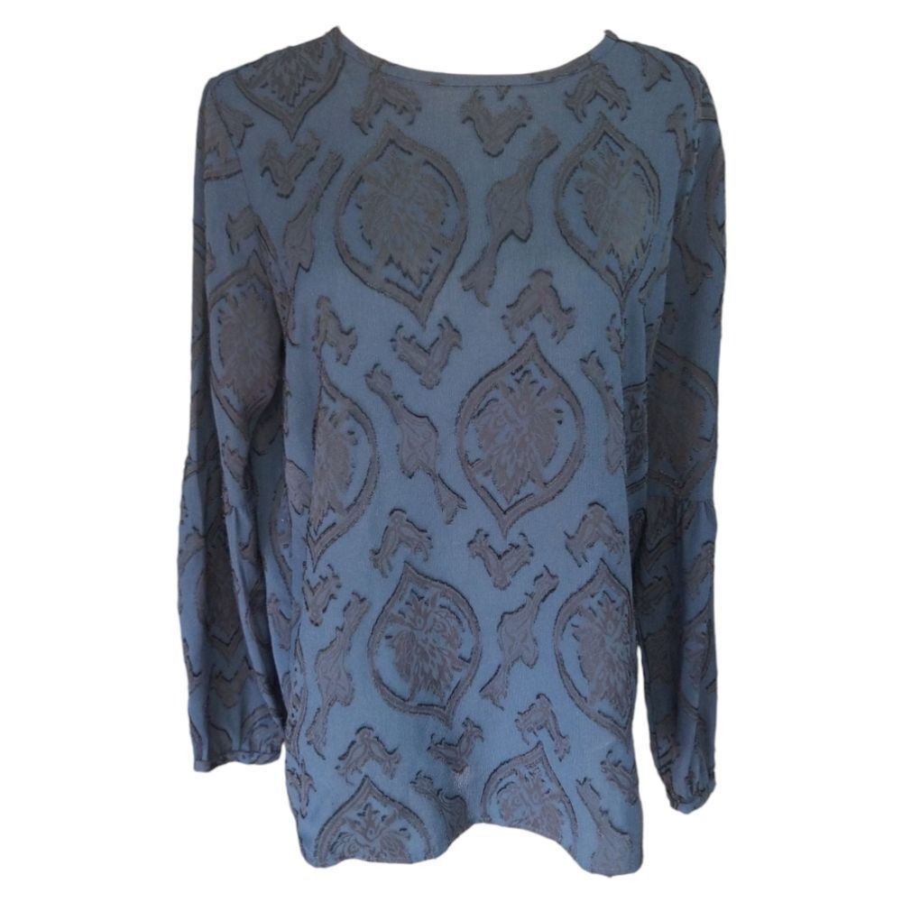 Loft Blouse Blue With Black Velvet Textured Burnout Pattern Top Size Medium